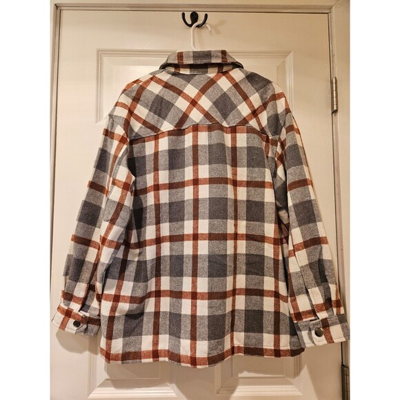 Flannel Shirt Jacket Women's Medium New w/ Tags HFX Brown Tan Grey Snap Buttons - Picture 5 of 6